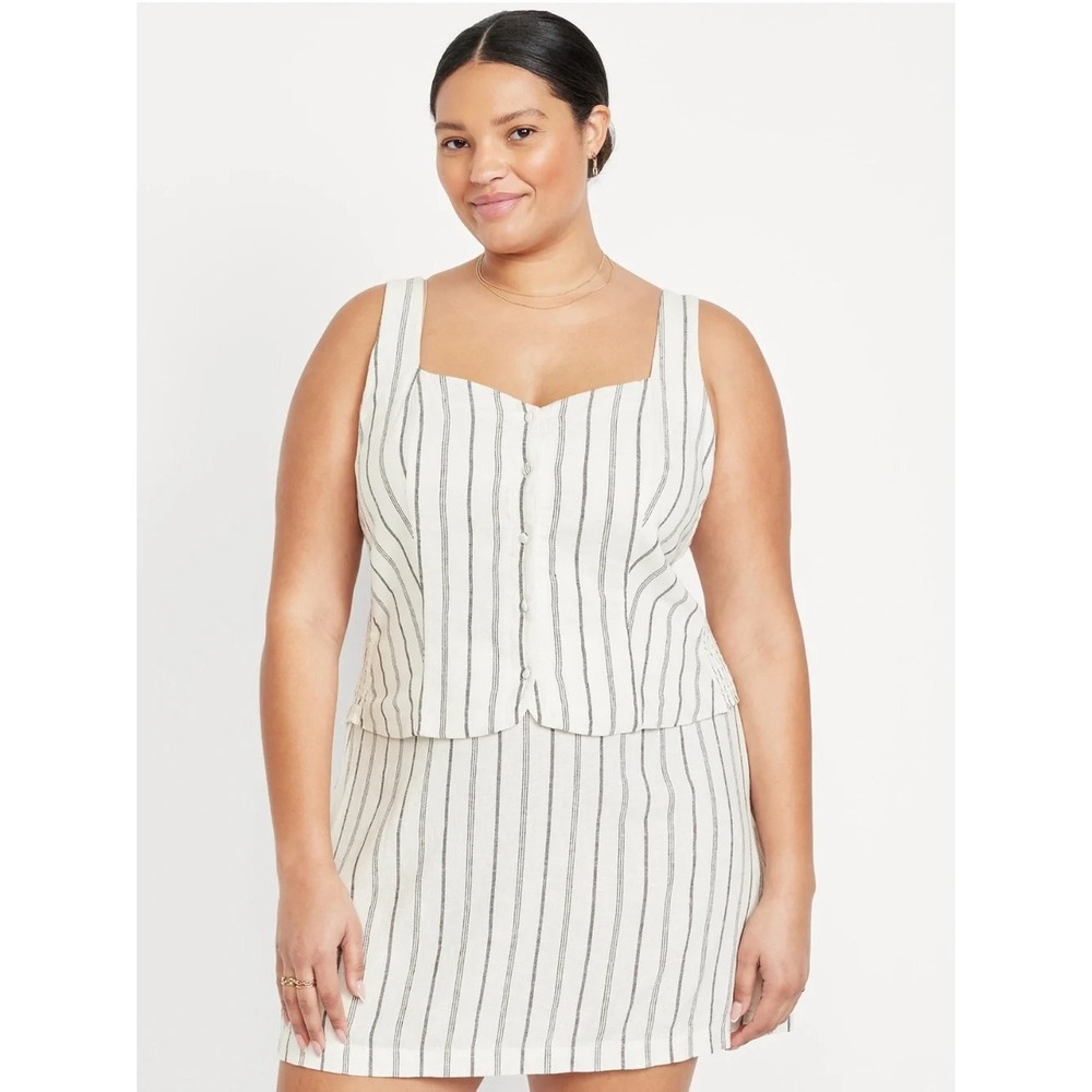Old Navy Striped Button-Front Tank Top Women XXL White Linen Blend Smocked Side
